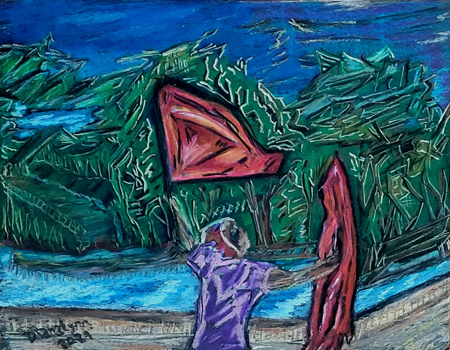 Wave Red Flags, Original Oil Pastel Painting by Diana Lynn