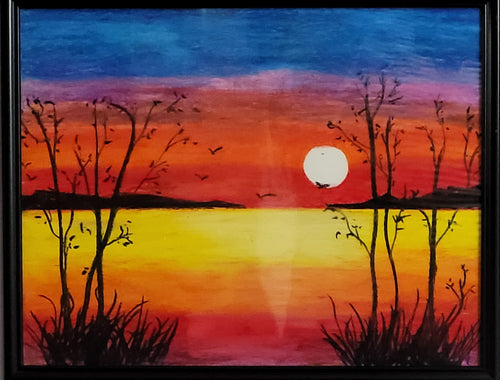 Sky-blue over Sunset Orange, Original Oil Pastel Painting by Diana Lynn