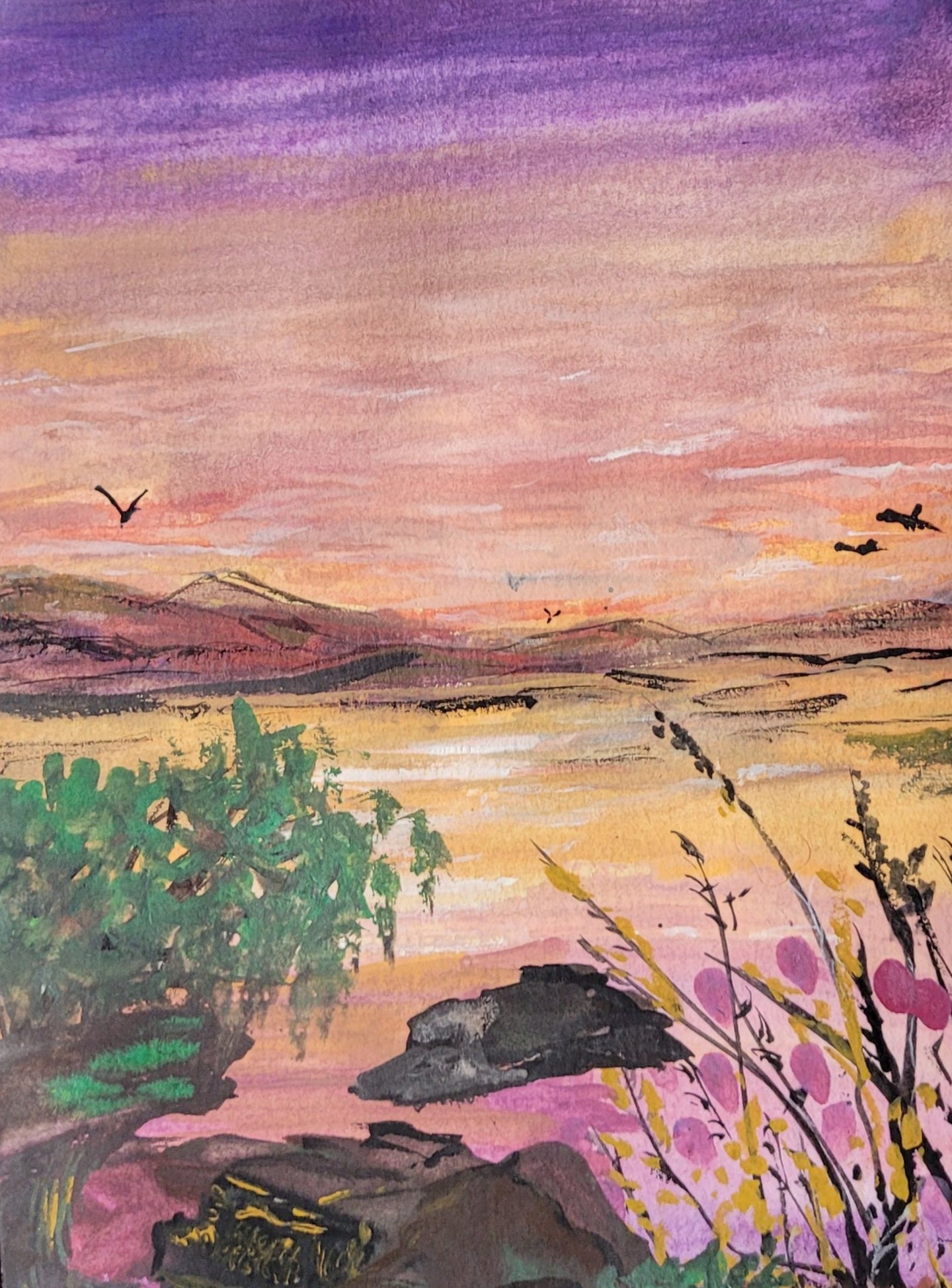 Birds in landscape, Original Gouache Painting by Diana Lynn