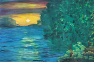 Resting River Sunset, Original Gouache Painting by Diana Lynn