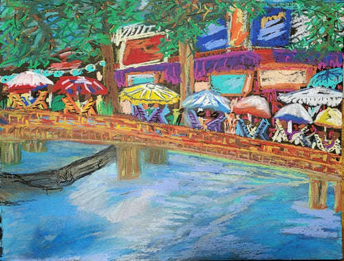 Riverwalk Café, Original Oil Pastel Painting by Diana Lynn